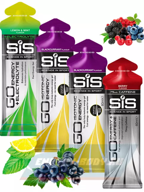 Энергетический гель SCIENCE IN SPORT (SiS) GO Energy MIX-31 4 x 60 мл, Лимон-Мята, Ягоды, Черная смородина