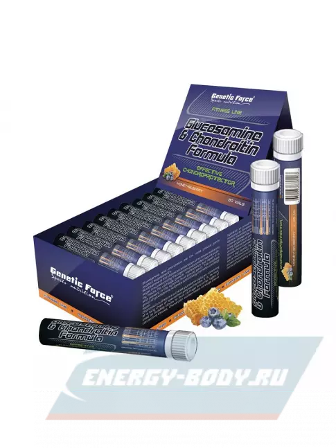 Суставы, связки GENETIC FORCE GLUCOSAMINE & CHONDROITIN 30 шотов, Мед-Черника