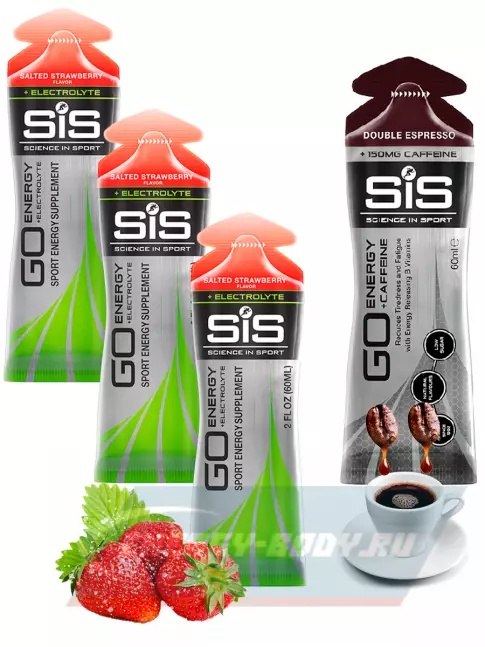Энергетический гель SCIENCE IN SPORT (SiS) GO Energy MIX-31 4 x 60 мл, Солёная Клубника, Двойной эспрессо