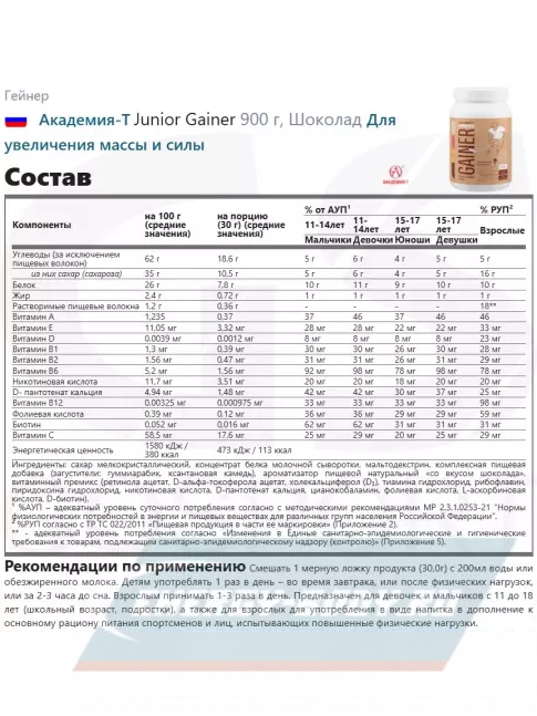 Гейнер Академия-Т Junior Gainer 900 г, Шоколад Гейнер Академия-Т Junior Gainer 900 г, Шоколад