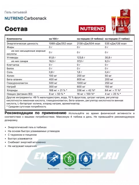 Энергетический гель NUTREND Carbosnack туба 4 шт x 50 г, Черника