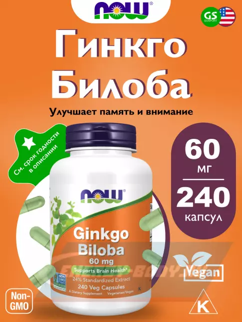 NOW FOODS Ginkgo Biloba 60 mg 240 веган капсул  NOW FOODS Ginkgo Biloba 60 mg 240 веган капсул