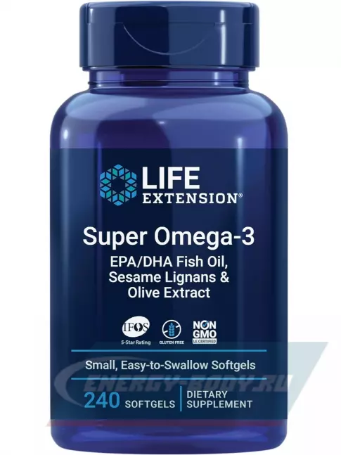 Omega 3 Life Extension Super Omega-3 EPA/DHA Fish Oil, Sesame Lignans & Olive Extract 240 гелевых капсул