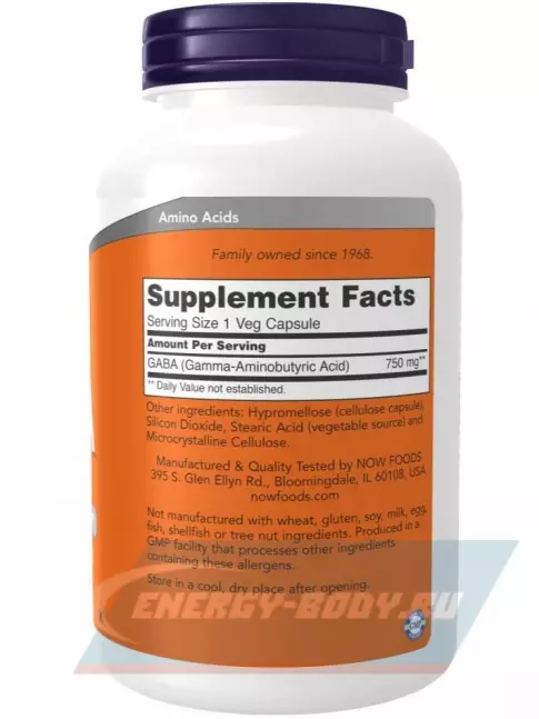  NOW FOODS GABA 750 mg 200 веган капсул