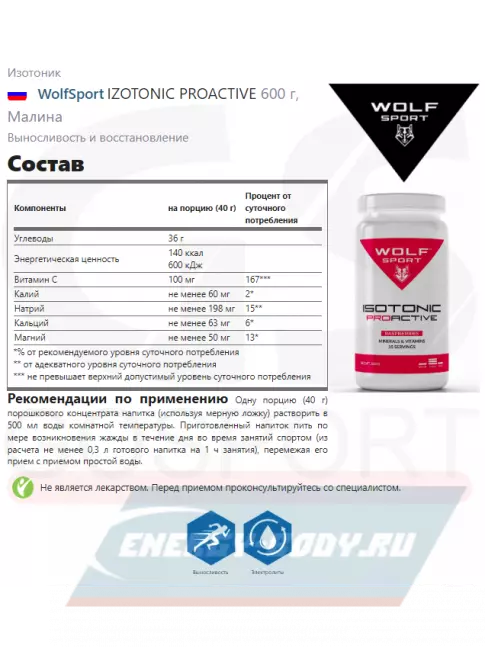  WolfSport IZOTONIC PROACTIVE 600 г, Малина