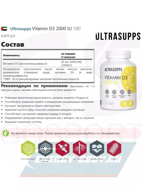  UltraSupps Vitamin D3 2000 IU 180 капсул