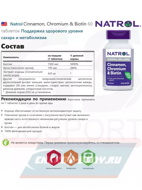  Natrol Cinnamon, Chromium & Biotin 60 таблеток