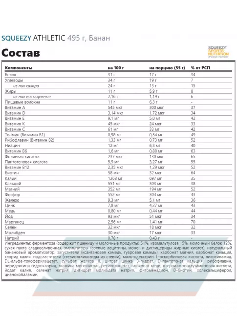  SQUEEZY ATHLETIC 495 г, Банан
