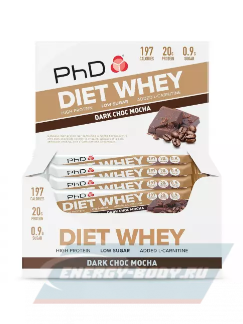 Батончик протеиновый PhD Nutrition Diet Whey Bar 12 x 63 г, Тёмный шоколад мокка