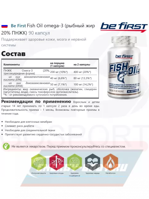 Omega 3 Be First Fish Oil omega-3 (рыбный жир 20% ПНЖК) 90 капсул