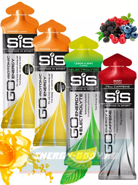Энергетический гель SCIENCE IN SPORT (SiS) GO Energy MIX-31 4 x 60 мл, Лимон-Мята, Ягоды, Апельсин