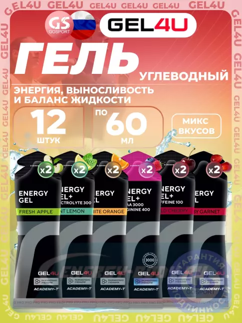 Энергетический гель GEL4U Energy GEL 12 x 60 г, Mix12