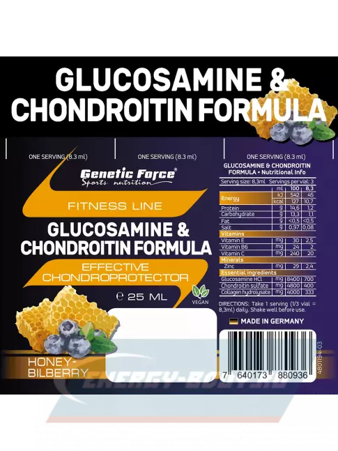 Суставы, связки GENETIC FORCE GLUCOSAMINE & CHONDROITIN 30 шотов, Мед-Черника