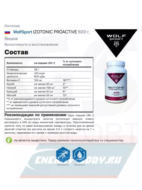  WolfSport IZOTONIC PROACTIVE 600 г, Вишня