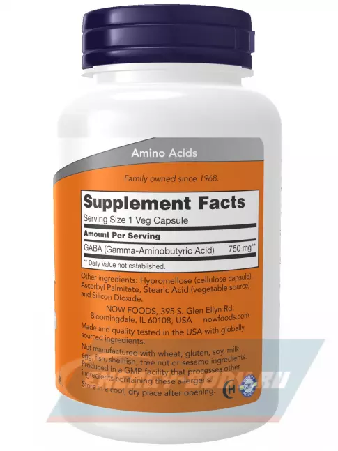  NOW FOODS GABA 750 mg 100 веган капсул