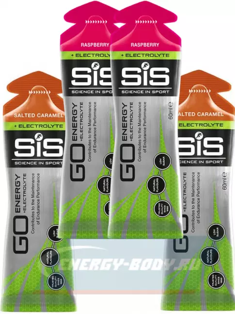 Энергетический гель SCIENCE IN SPORT (SiS) Go Energy + Electrolyte Gels 4 x 60 мл, Малина, Солёная Карамель