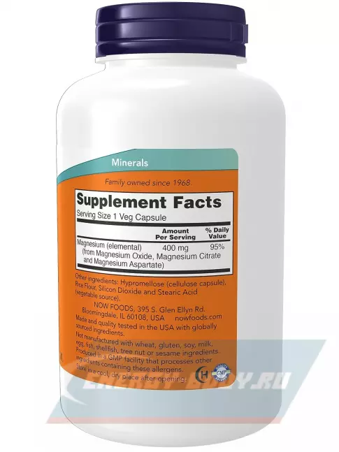  NOW FOODS Magnesium Caps 400 mg 180 веган капсул