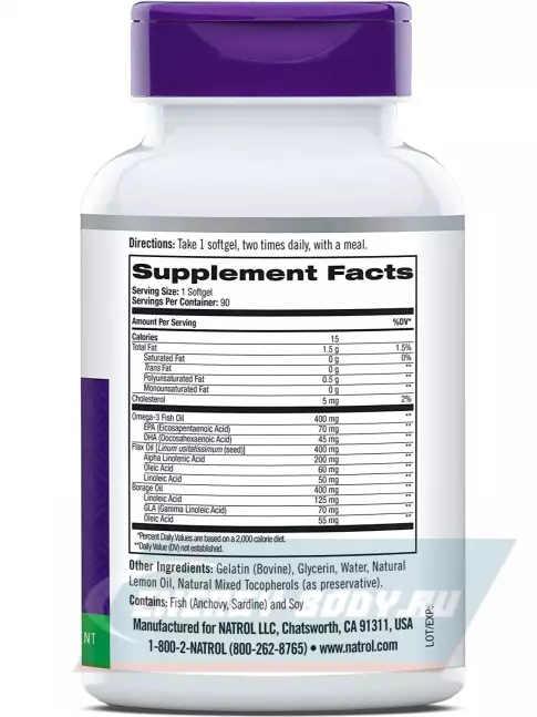 Omega 3 Natrol Omega 3-6-9 Complex 1200 mg 90 гелевых капсул, Лимон