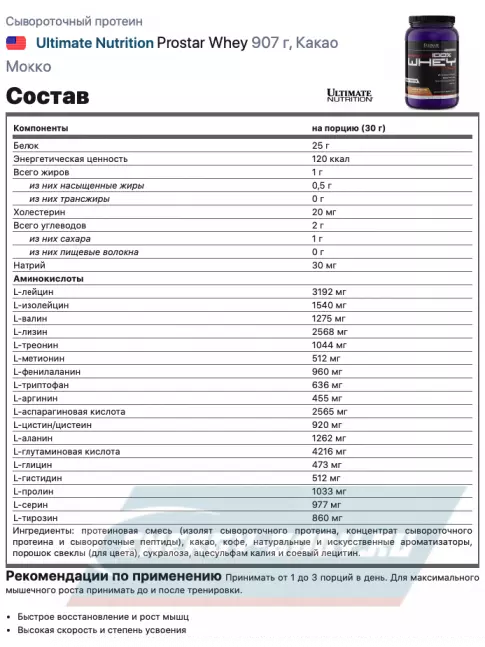  Ultimate Nutrition Prostar Whey 907 г + шейкер, Какао Мокко