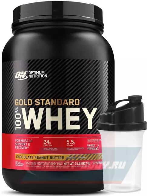  Optimum Nutrition 100% Whey Gold Standard 907 г + шейкер, Шоколад арахисовое масло