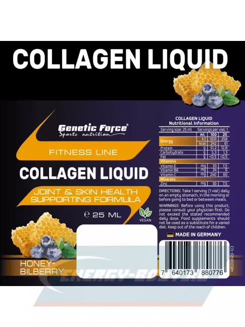 COLLAGEN GENETIC FORCE COLLAGEN LIQUID 30 шотов x 25 мл, Черника-Мед