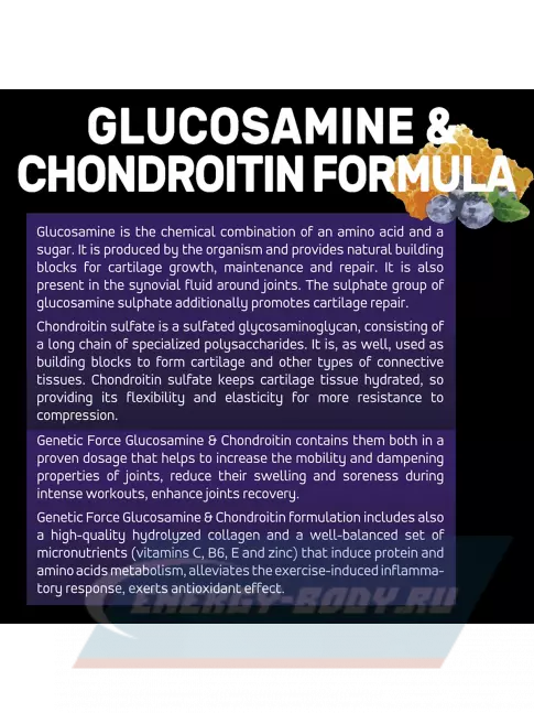 Суставы, связки GENETIC FORCE GLUCOSAMINE & CHONDROITIN 30 шотов, Мед-Черника