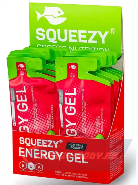 Энергетический гель SQUEEZY ENERGY SUPER GEL 33mg caffeine 33 г x 12 саше, Кола+Кофеин