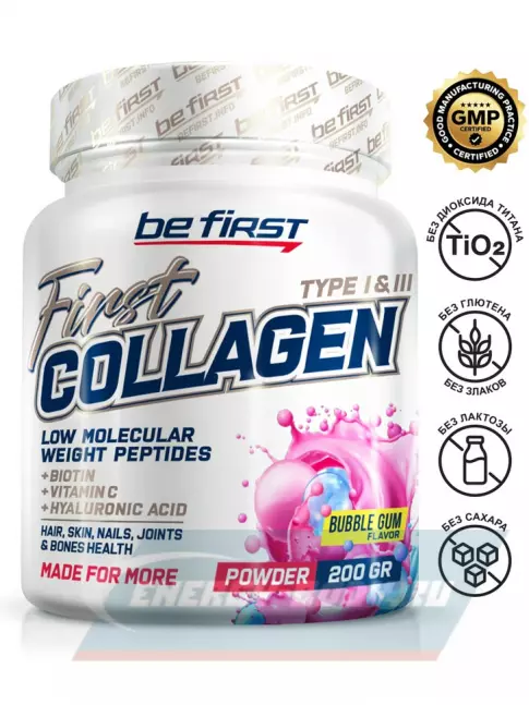COLLAGEN Be First First Collagen + biotin + hyaluronic acid + vitamin C 200 г, Бабл Гам COLLAGEN Be First First Collagen + biotin + hyaluronic acid + vitamin C 200 г, Бабл Гам