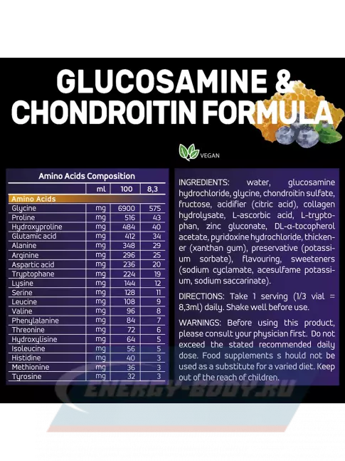 Суставы, связки GENETIC FORCE GLUCOSAMINE & CHONDROITIN 30 шотов, Мед-Черника