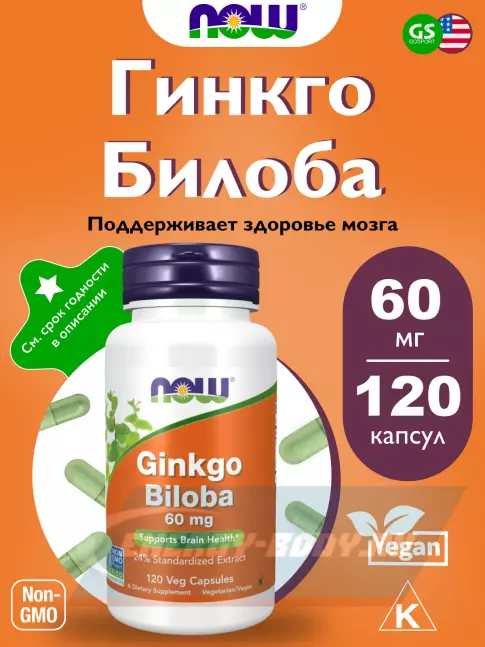 NOW FOODS Ginkgo Biloba 60 mg 120 веган капсул  NOW FOODS Ginkgo Biloba 60 mg 120 веган капсул