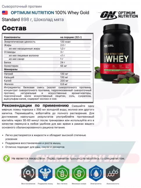  Optimum Nutrition 100% Whey Gold Standard 898 г, Шоколад мята