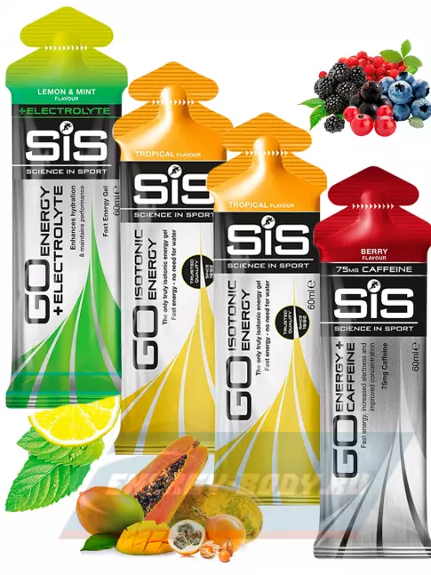 Энергетический гель SCIENCE IN SPORT (SiS) GO Energy MIX-31 4 x 60 мл, Лимон-Мята, Ягоды, Тропик