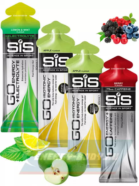 Энергетический гель SCIENCE IN SPORT (SiS) GO Energy MIX-31 4 x 60 мл, Лимон-Мята, Ягоды, Яблоко