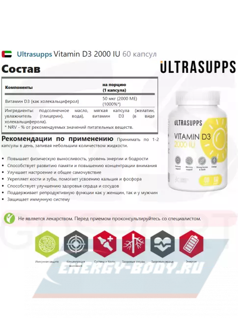  UltraSupps Vitamin D3 2000 IU 60 капсул