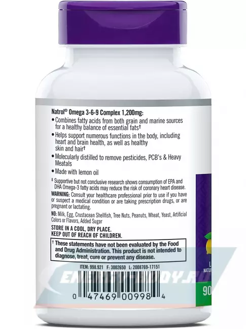 Omega 3 Natrol Omega 3-6-9 Complex 1200 mg 90 гелевых капсул, Лимон