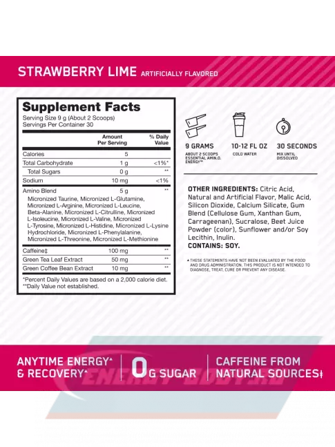 Аминокислотны Optimum Nutrition Essential Amino Energy 270 г, Клубника - Лайм