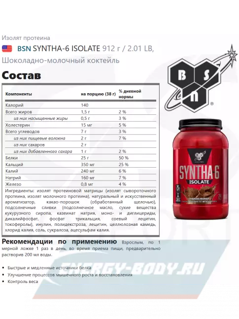  BSN SYNTHA-6 ISOLATE 912 г / 2.01 LB, Шоколадно-молочный коктейль