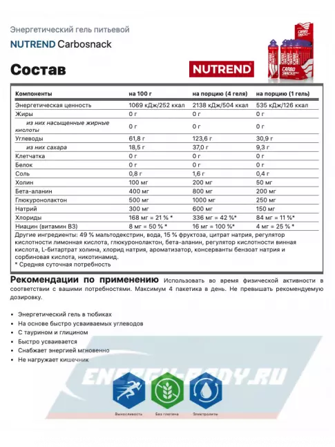 Энергетический гель NUTREND Carbosnack саше 3 шт x 50 г, Абрикос