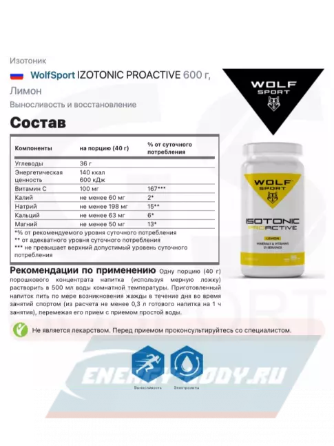  WolfSport IZOTONIC PROACTIVE 600 г, Лимон