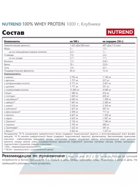  NUTREND 100% Whey Protein 1000 г, Клубника