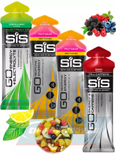 Энергетический гель SCIENCE IN SPORT (SiS) GO Energy MIX-31 4 x 60 мл, Лимон-Мята, Ягоды, Фруктовый салат