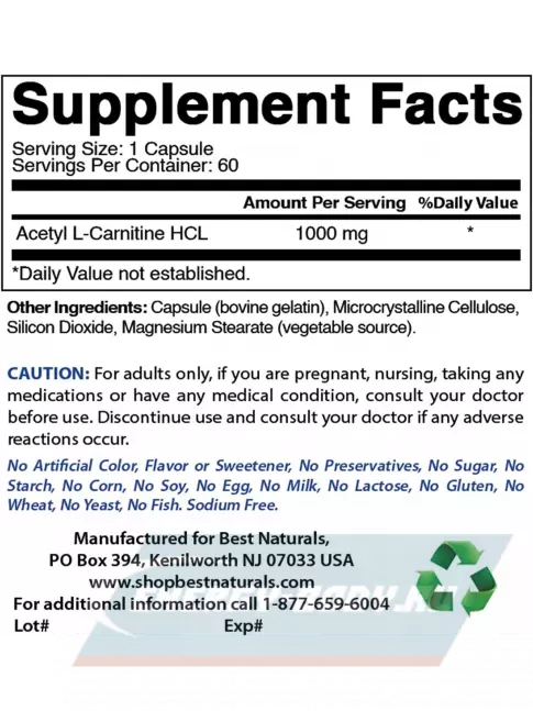 L-Карнитин BestNaturals Acetyl L-Carnitine 1000 mg 60 капсул