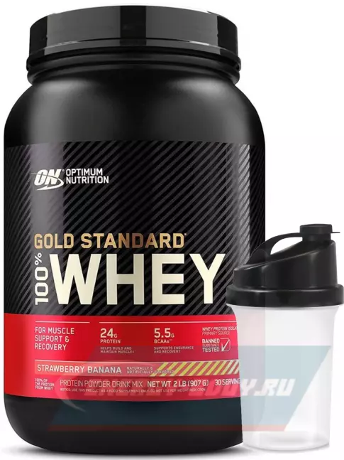  Optimum Nutrition 100% Whey Gold Standard 907 г + шейкер, Клубника - Банан