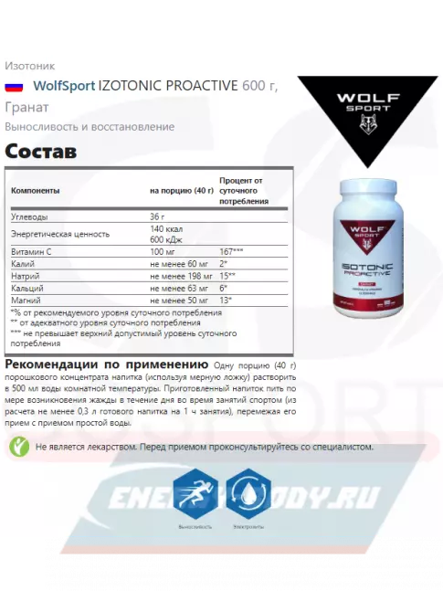  WolfSport IZOTONIC PROACTIVE 600 г, Гранат