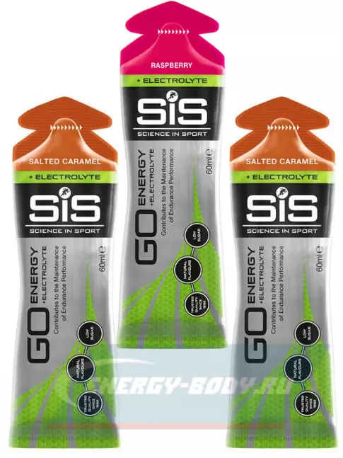 Энергетический гель SCIENCE IN SPORT (SiS) Go Energy + Electrolyte Gels 3 x 60 мл, №1 Малина, Солёная Карамель