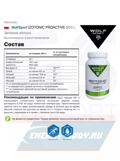  WolfSport IZOTONIC PROACTIVE 600 г, Зеленое яблоко