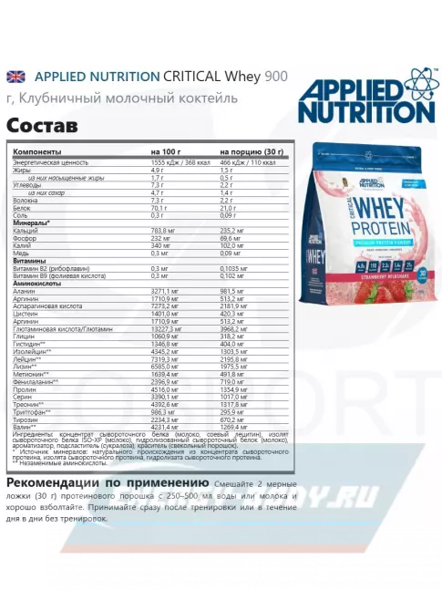  APPLIED NUTRITION CRITICAL Whey 900 г, Клубничный молочный коктейль