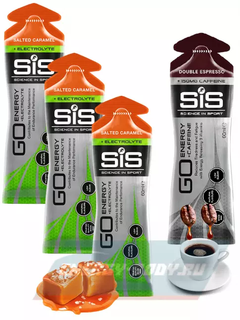 Энергетический гель SCIENCE IN SPORT (SiS) GO Energy MIX-31 4 x 60 мл, Соленая карамель, Двойной эспрессо