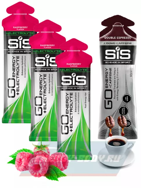 Энергетический гель SCIENCE IN SPORT (SiS) GO Energy MIX-31 4 x 60 мл, Малина, Двойной эспрессо