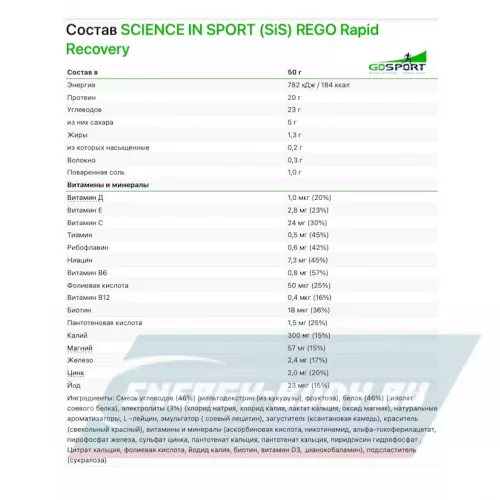 Восстановление SCIENCE IN SPORT (SiS) REGO Rapid Recovery Шоколад, 18 x 50 г